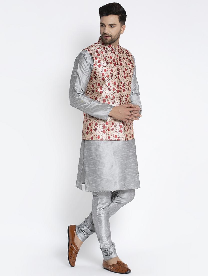 grey solid kurta pyjama with printed nehru-jacket - 18455976 - Zoom Image - 2