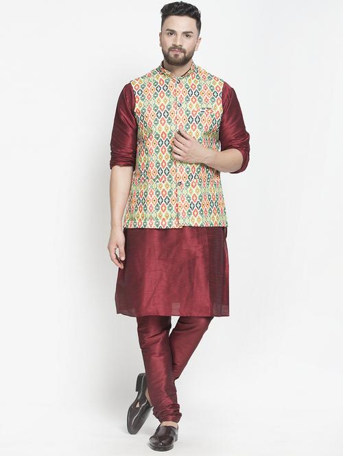 maroon solid kurta pyjama with printed nehru-jacket - 18455982 - Standard Image - 1