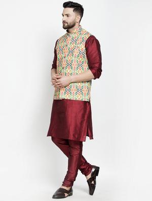 maroon solid kurta pyjama with printed nehru-jacket - 18455982 - Standard Image - 2