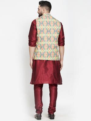maroon solid kurta pyjama with printed nehru-jacket - 18455982 - Standard Image - 3