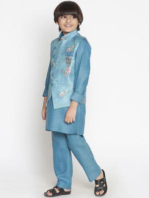 boys teal blue solid kurta pyjama with printed jacket - 18457281 - Standard Image - 2