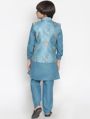 boys teal blue solid kurta pyjama with printed jacket - 18457281 - Standard Image - 3