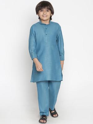boys teal blue solid kurta pyjama with printed jacket - 18457281 - Standard Image - 4