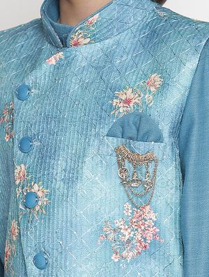 boys teal blue solid kurta pyjama with printed jacket - 18457281 - Standard Image - 5
