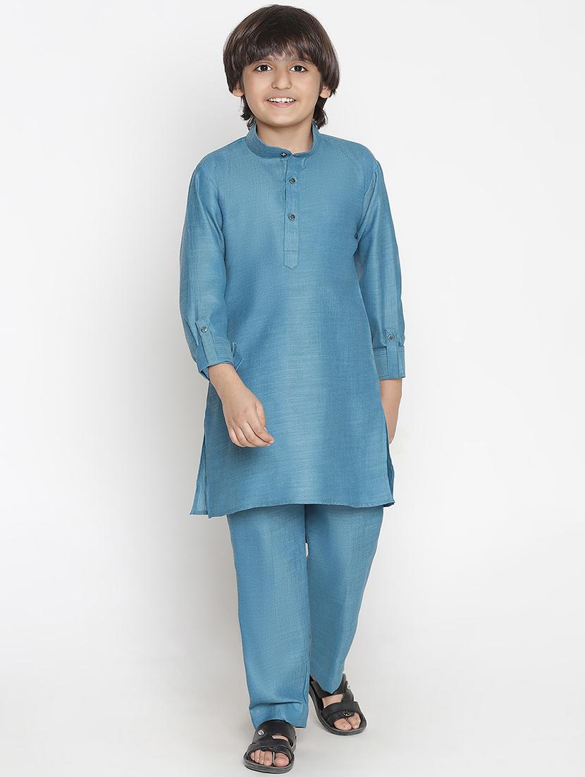 boys teal blue solid kurta pyjama with printed jacket - 18457281 - Zoom Image - 4