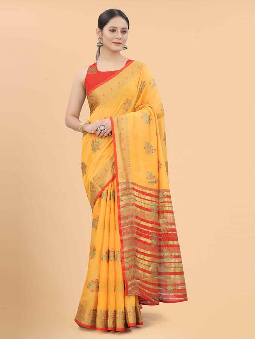golden jacquard work woven saree with blouse - 18457627 - Standard Image - 1