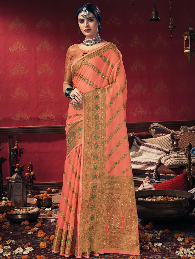 golden zari work woven saree with blouse - 18458321 - Zoom Image - 1