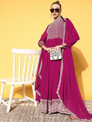embroidered flared kurta dupatta set - 18458354 - Standard Image - 4