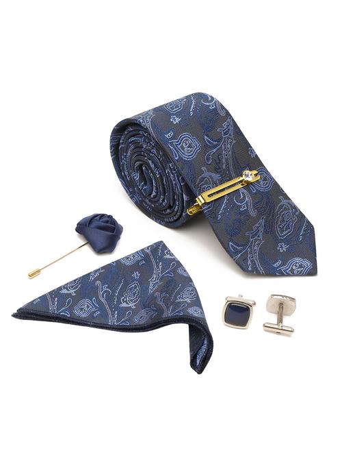 blue self design tie with pocket square & cufflinks - 18458764 - Standard Image - 1
