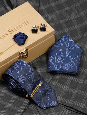 blue self design tie with pocket square & cufflinks - 18458764 - Standard Image - 2
