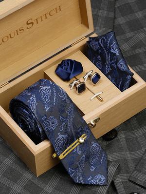 blue self design tie with pocket square & cufflinks - 18458764 - Standard Image - 3