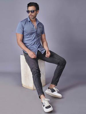 blue chest-printed casual shirt - 18460361 - Standard Image - 4