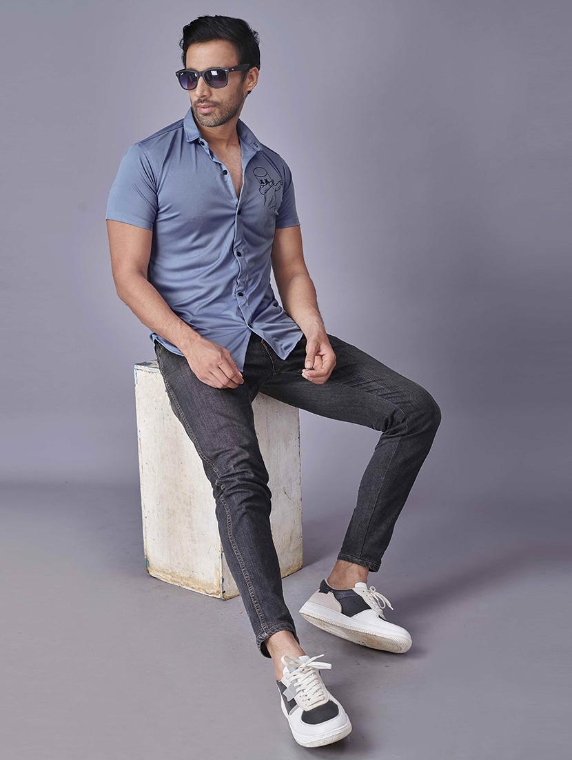 blue chest-printed casual shirt - 18460361 - Zoom Image - 4