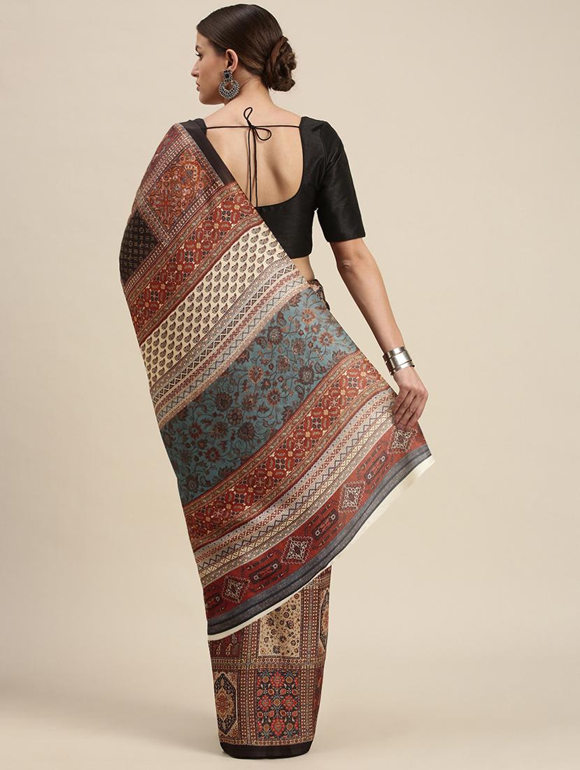 multi colored block printed saree with blouse - 18460985 - Zoom Image - 2