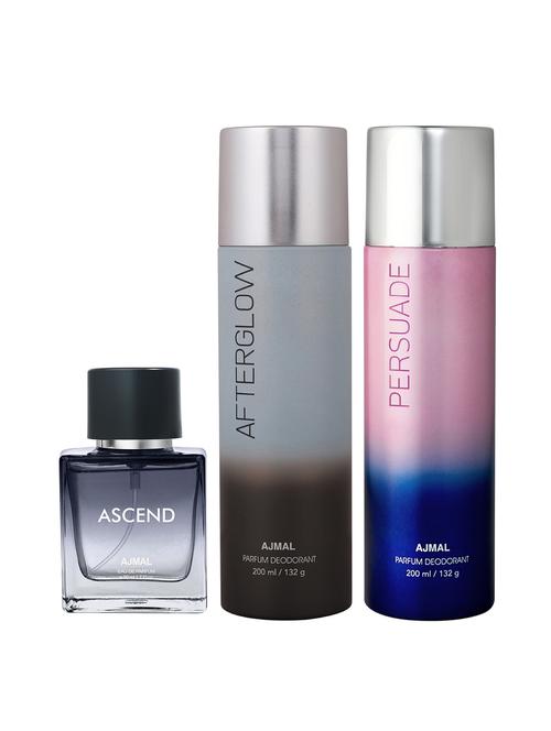 ajmal after glow deo 200 ml and persuade deo 200 ml and ascend edp 50 ml for unisex +2 perfume testers free - 18461335 - Standard Image - 1