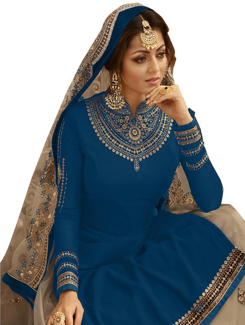 teal embroidered semi-stitched kurta skirt suit set - 18462582 - Zoom Image - 2