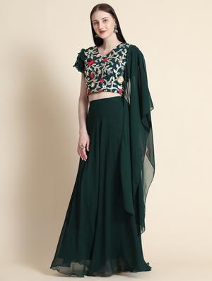green embroidered stitched flared lehenga choli set with dupatta - 18462721 - Standard Image - 2