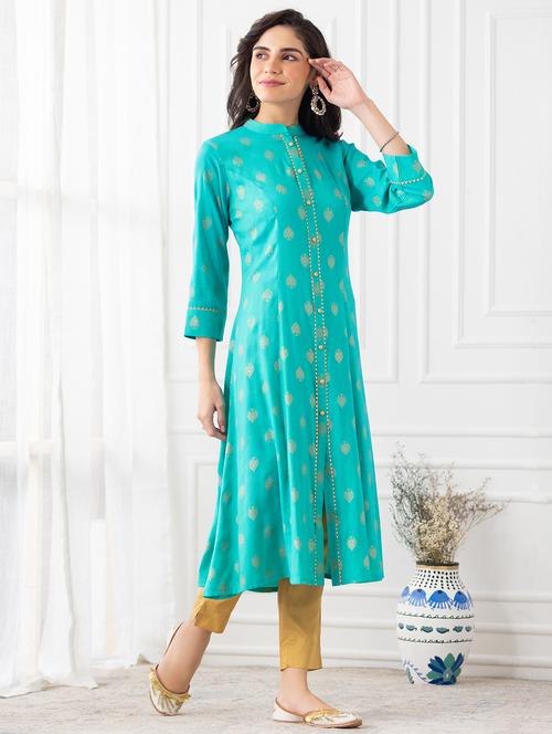 turquoise foil print a-line kurta - 18462759 - Standard Image - 1