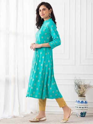 turquoise foil print a-line kurta - 18462759 - Standard Image - 2