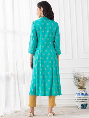turquoise foil print a-line kurta - 18462759 - Standard Image - 3