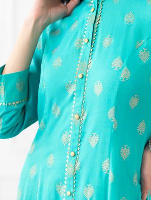 turquoise foil print a-line kurta - 18462759 - Standard Image - 4