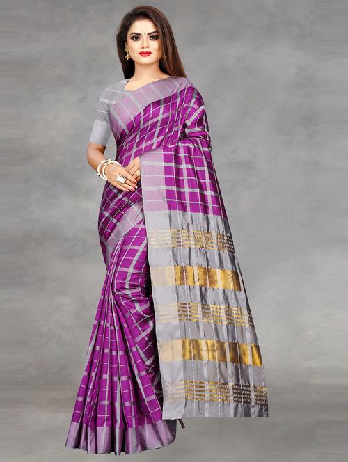 check printed saree with blouse - 18466132 - Standard Image - 1