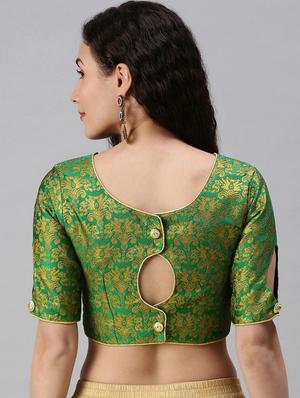 green and golden woven design saree blouse - 18469196 - Standard Image - 3