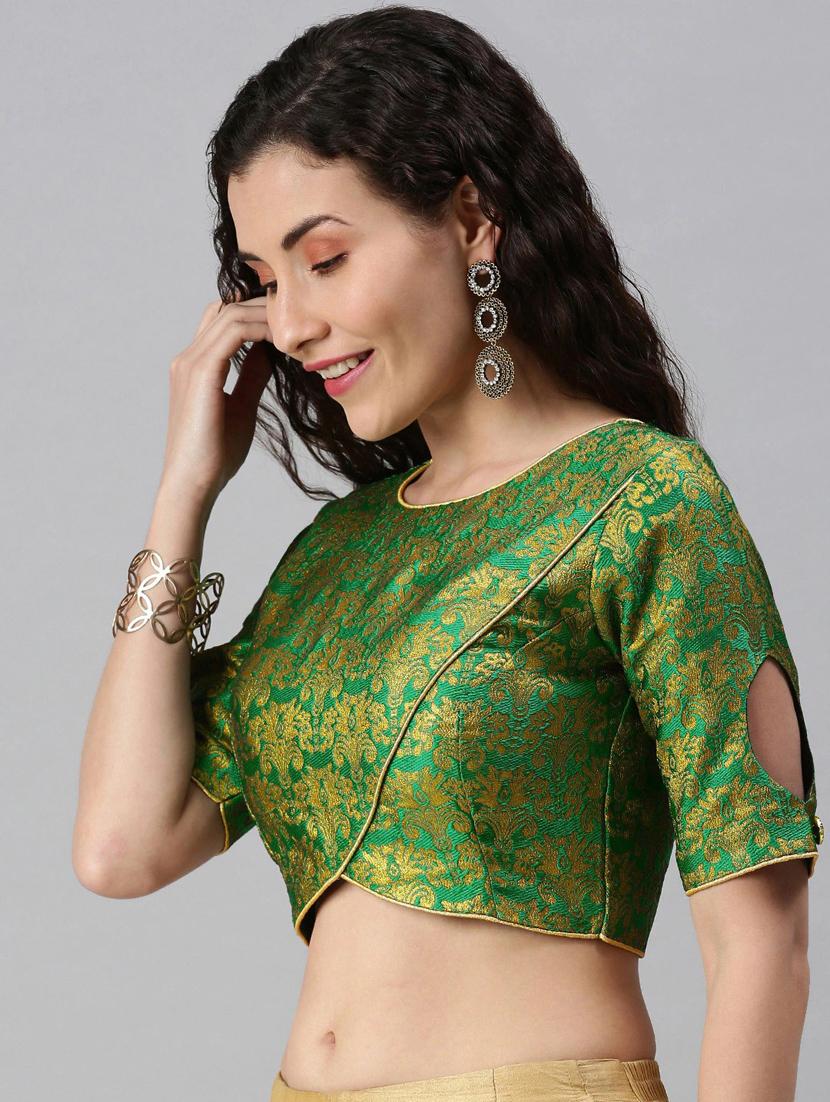 green and golden woven design saree blouse - 18469196 - Zoom Image - 2