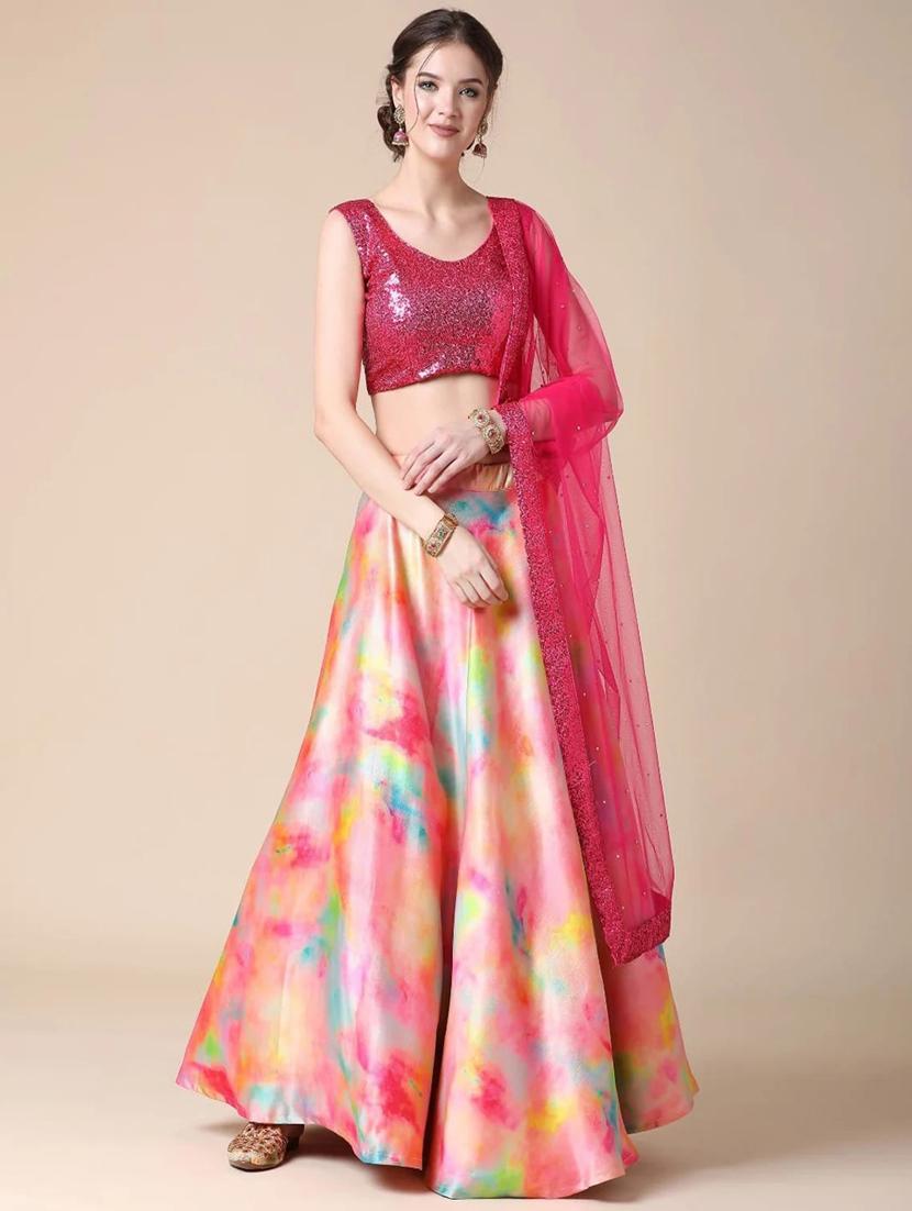 pink tie & dye semi-stitched lehenga choli set with dupatta - 18469227 - Zoom Image - 2