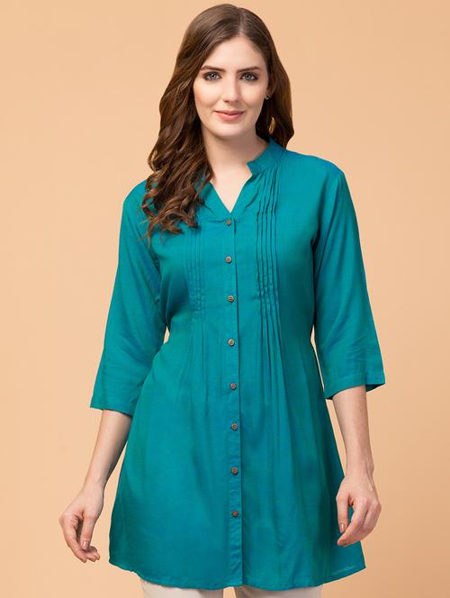 women teal solid regular tunic - 18469720 - Standard Image - 1