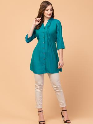 women teal solid regular tunic - 18469720 - Standard Image - 4