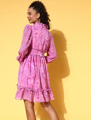 mandarin neck printed fit & flare dress - 18472879 - Standard Image - 4