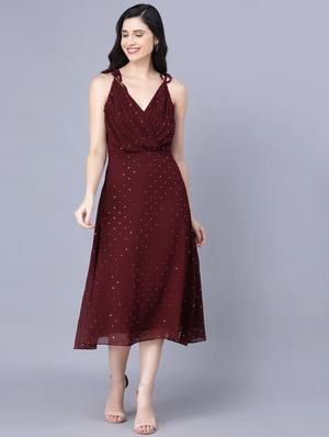overlap neck foil printed fit & flare dress - 18473346 - Standard Image - 2