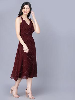 overlap neck foil printed fit & flare dress - 18473346 - Standard Image - 3