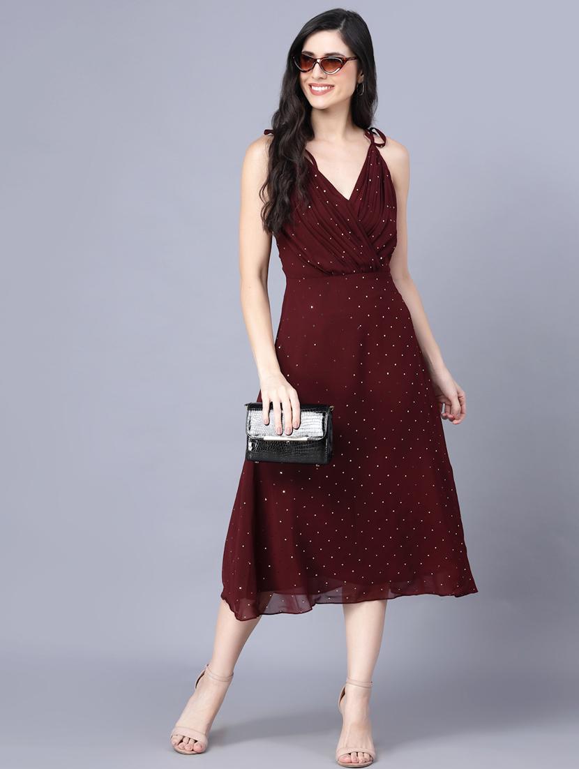 overlap neck foil printed fit & flare dress - 18473346 - Zoom Image - 1