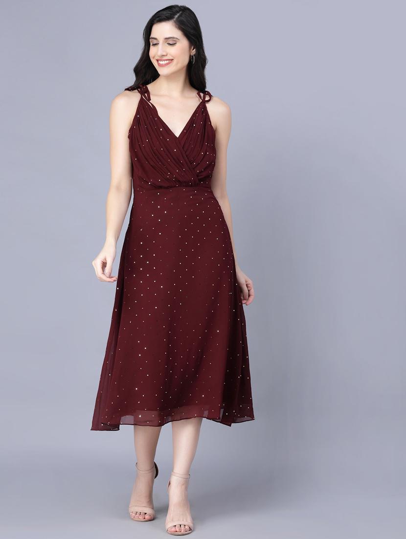overlap neck foil printed fit & flare dress - 18473346 - Zoom Image - 2