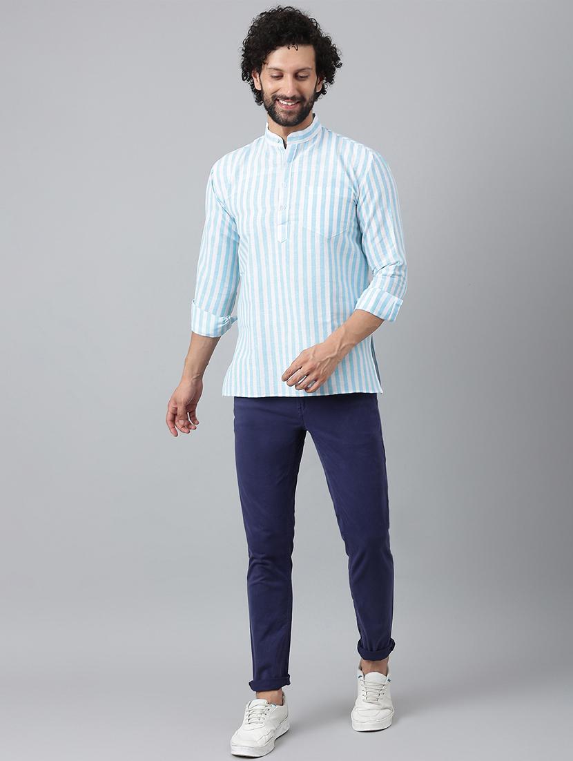 light blue striped short kurta - 18475110 - Zoom Image - 4