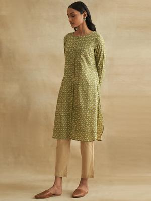 green handblock print cotton kurta - 18476884 - Standard Image - 2