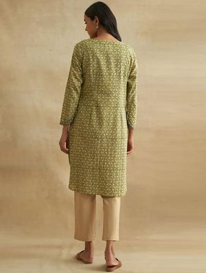 green handblock print cotton kurta - 18476884 - Standard Image - 3