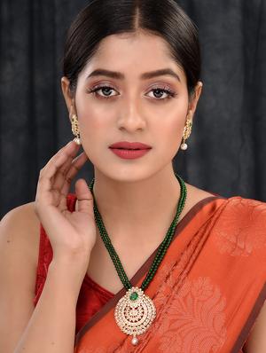 gold plated polki studded with green beads maala necklace set - 18480152 - Standard Image - 5