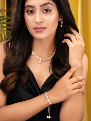 rose gold toned ad studded minimal necklace set combo with wraparound bracelet - 18480168 - Standard Image - 7