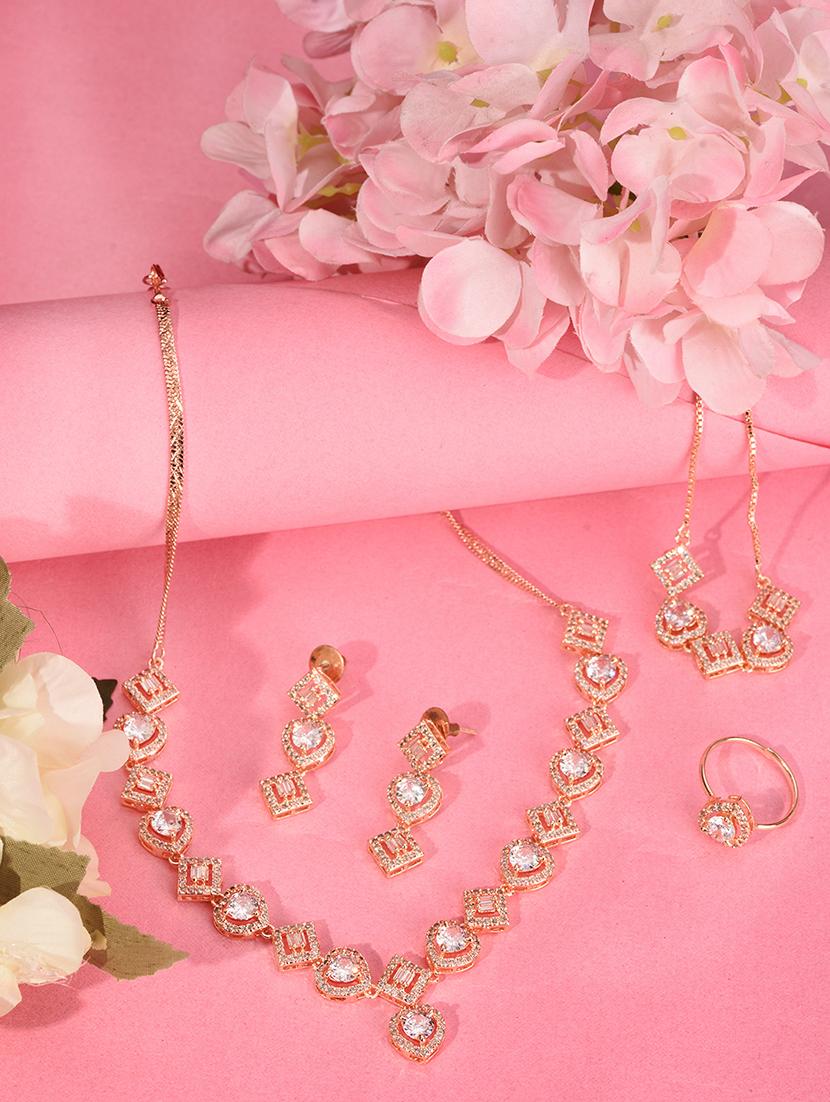 rose gold toned ad studded minimal necklace set combo with wraparound bracelet - 18480168 - Zoom Image - 1