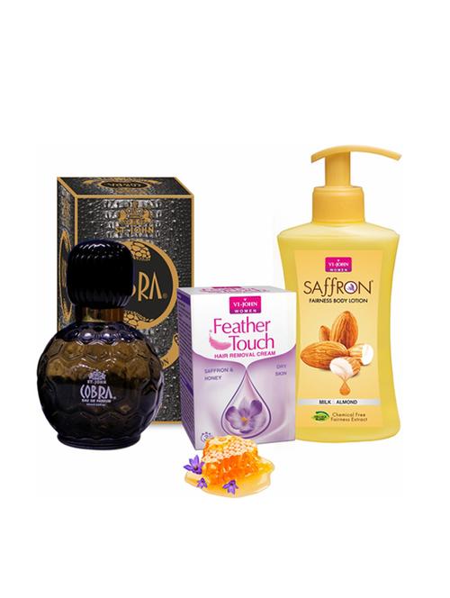 vi john women care kit (hair remover cream honey/saffron & body lotion milk & almond & perfume cobra 60ml) - 18482998 - Very Small Image - 1