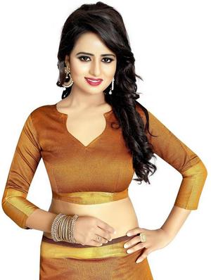 golden bordered solid saree with blouse - 18488841 - Standard Image - 3
