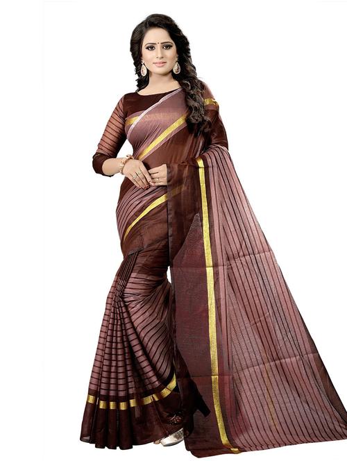 brown striped saree with blouse - 18488942 - Standard Image - 1