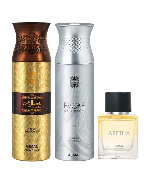 ajmal evoke & wisal dhahab deodorant spray gift for men and aretha edp 50 ml for women (450 ml, pack of 3) - 18499625 - Standard Image - 1