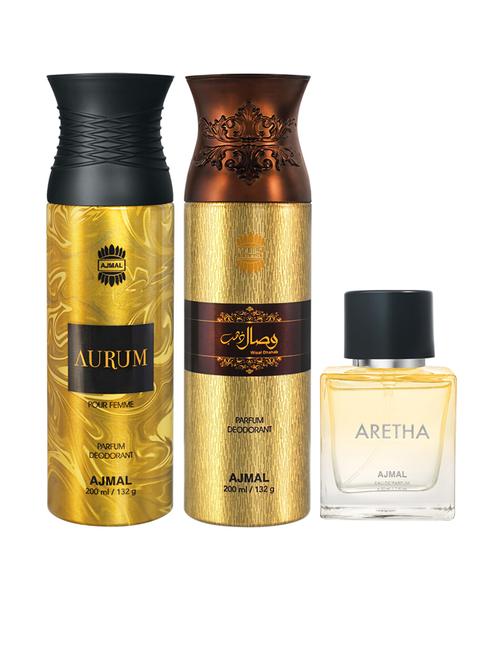 ajmal wisal dhahab & aurum deodorant spray gift for unisex each 200 ml and aretha edp 50 ml for women (450 ml, pack of 3) - 18499633 - Standard Image - 1