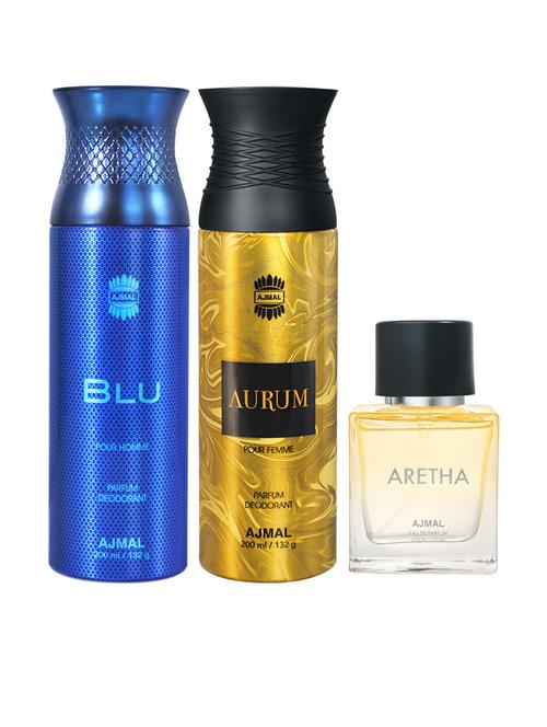 ajmal blu & aurum deodorants gift for unisex each 200 ml and aretha edp 50 ml for women (450 ml, pack of 3) - 18499649 - Standard Image - 1