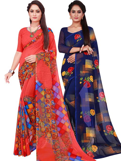 pack of 2 printed sarees with blouse - 18500549 - Standard Image - 1