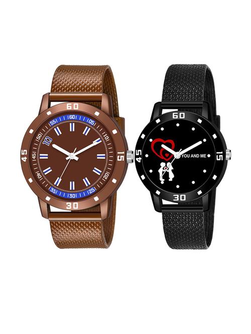 men watch 581 unique brown dial with blue design with women watch 3036 white you and me couple in black dial - 18503765 - Standard Image - 1